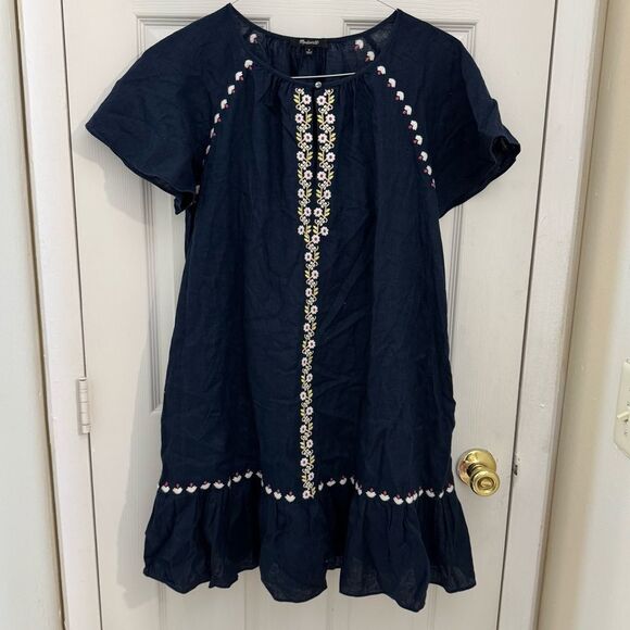 Madewell Dresses & Skirts - Madewell Embroidered Linen-Blend Raglan Ruffle Mini Dress Size Medium Deep Navy